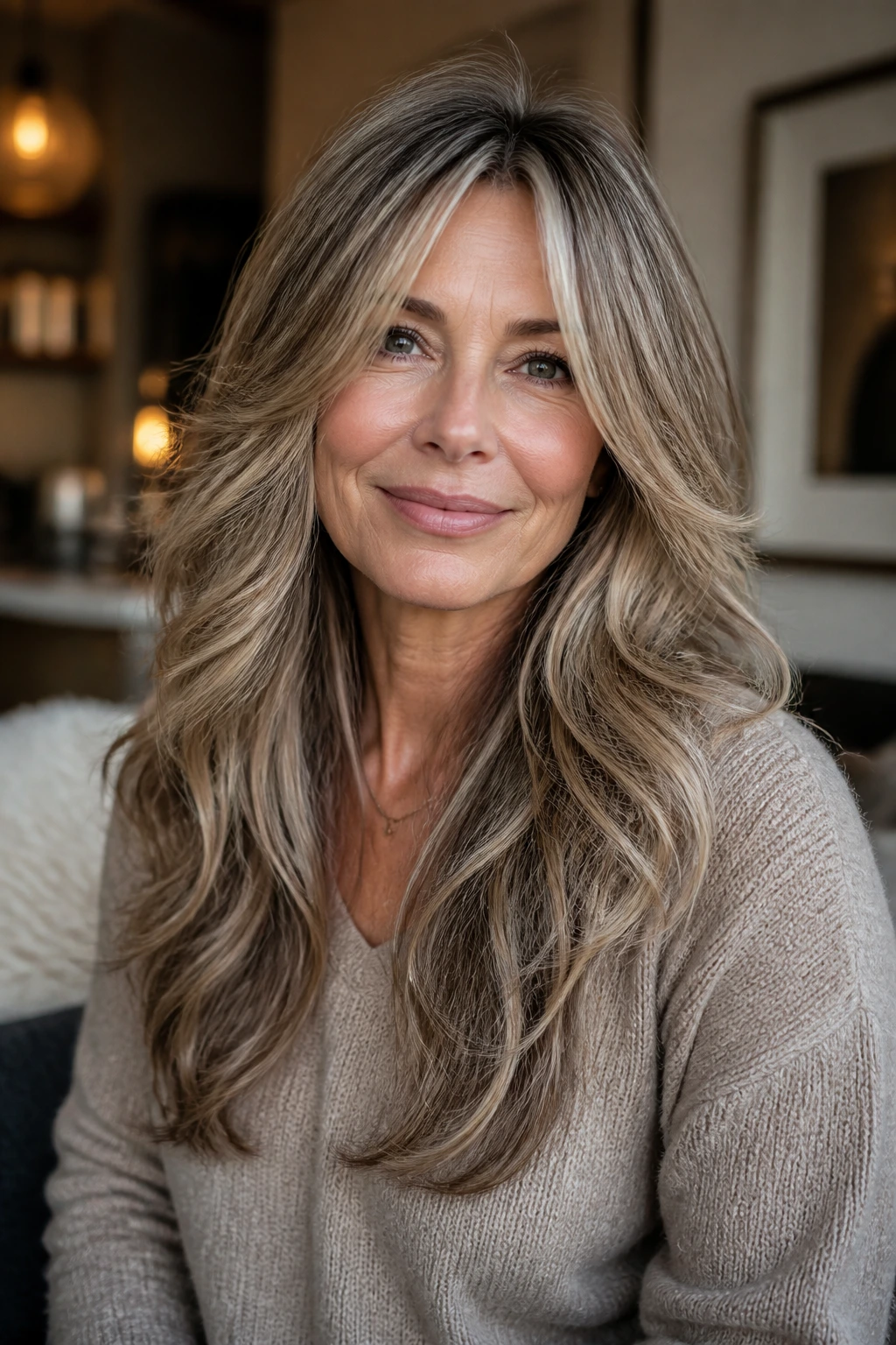 Portrait of a real woman with long shag hairstyle showing tapered ends