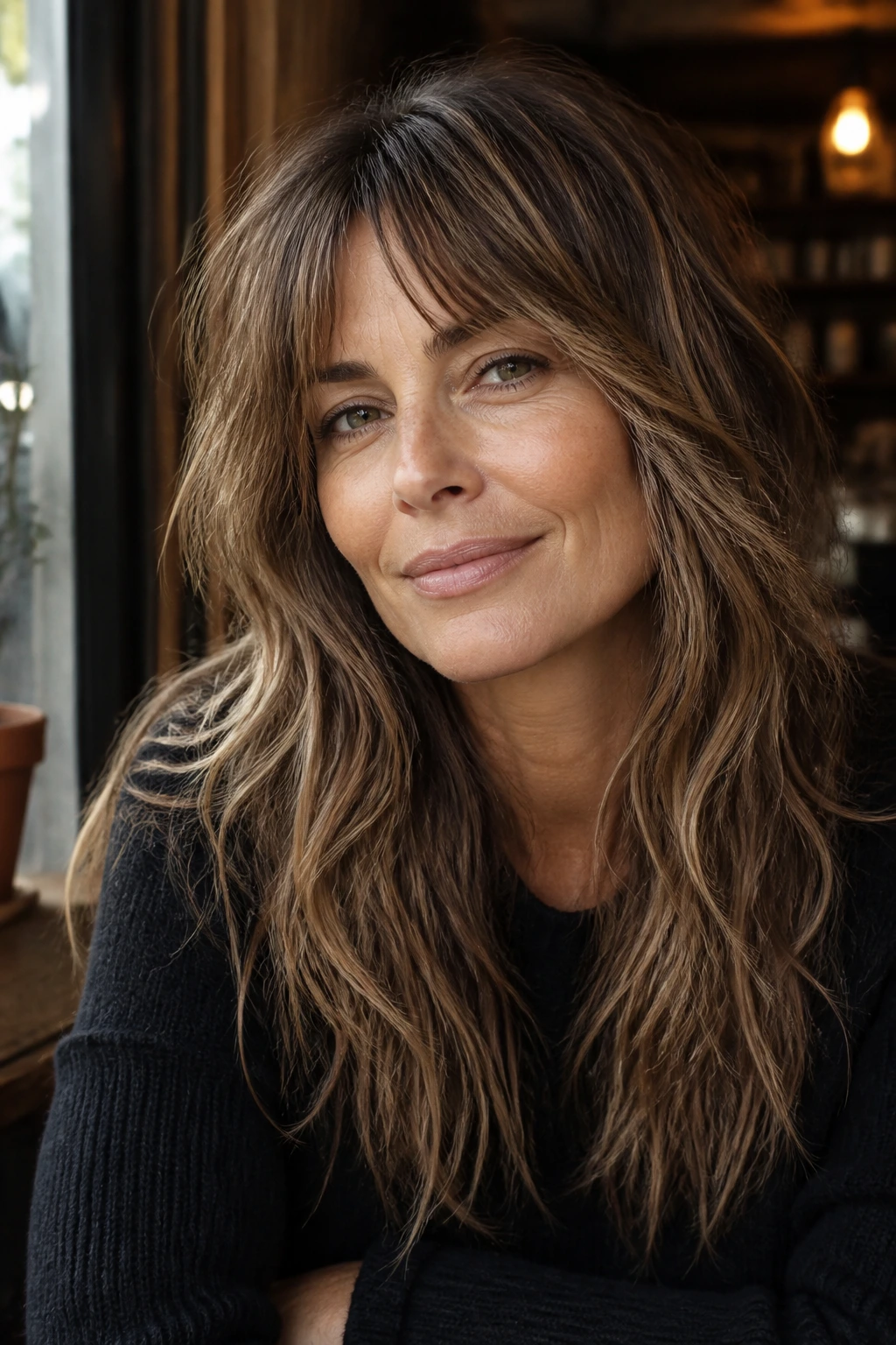 Portrait of a woman with long shag textured hair in a cozy cafe setting