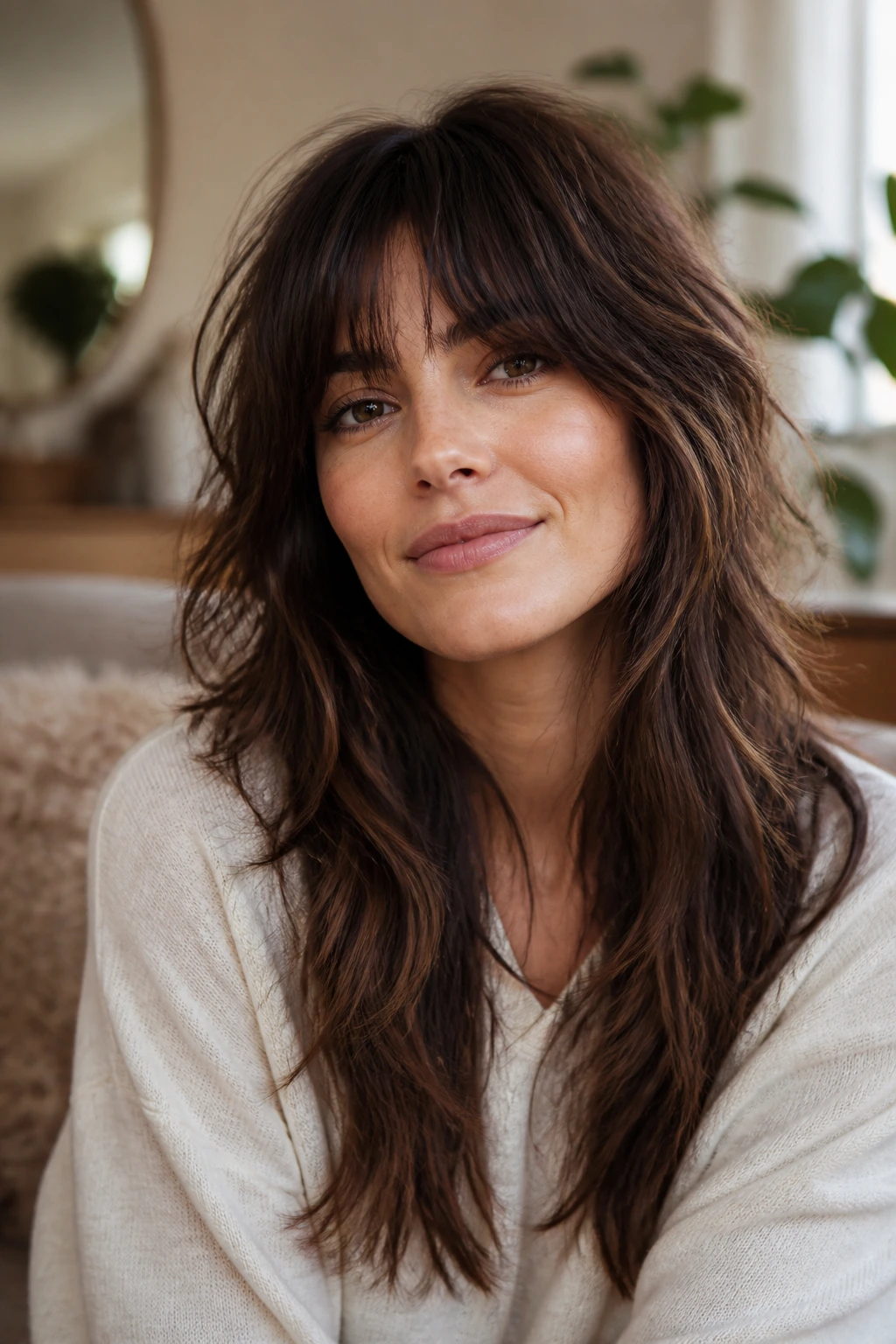 Close-up portrait of a woman with long shag variations showing layered movement in natural window light