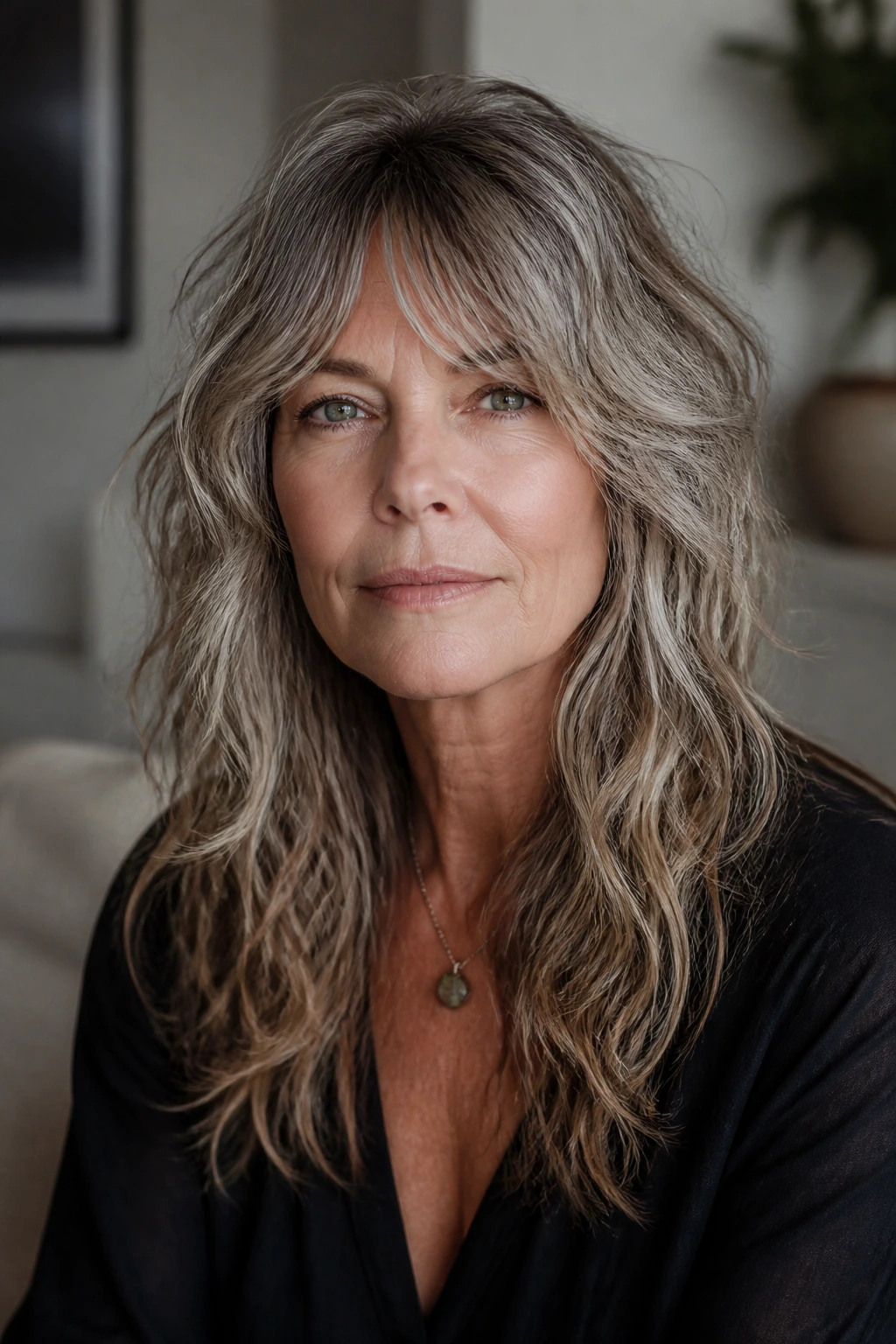 Older woman with long shag waves and a hint of edge.
