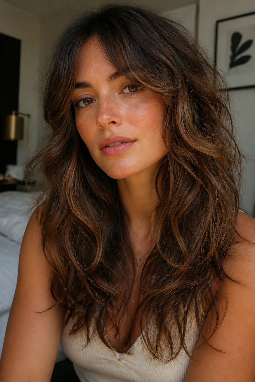 Close-up of a real woman with long shaggy waves and layered ends highlighting face-framing texture.