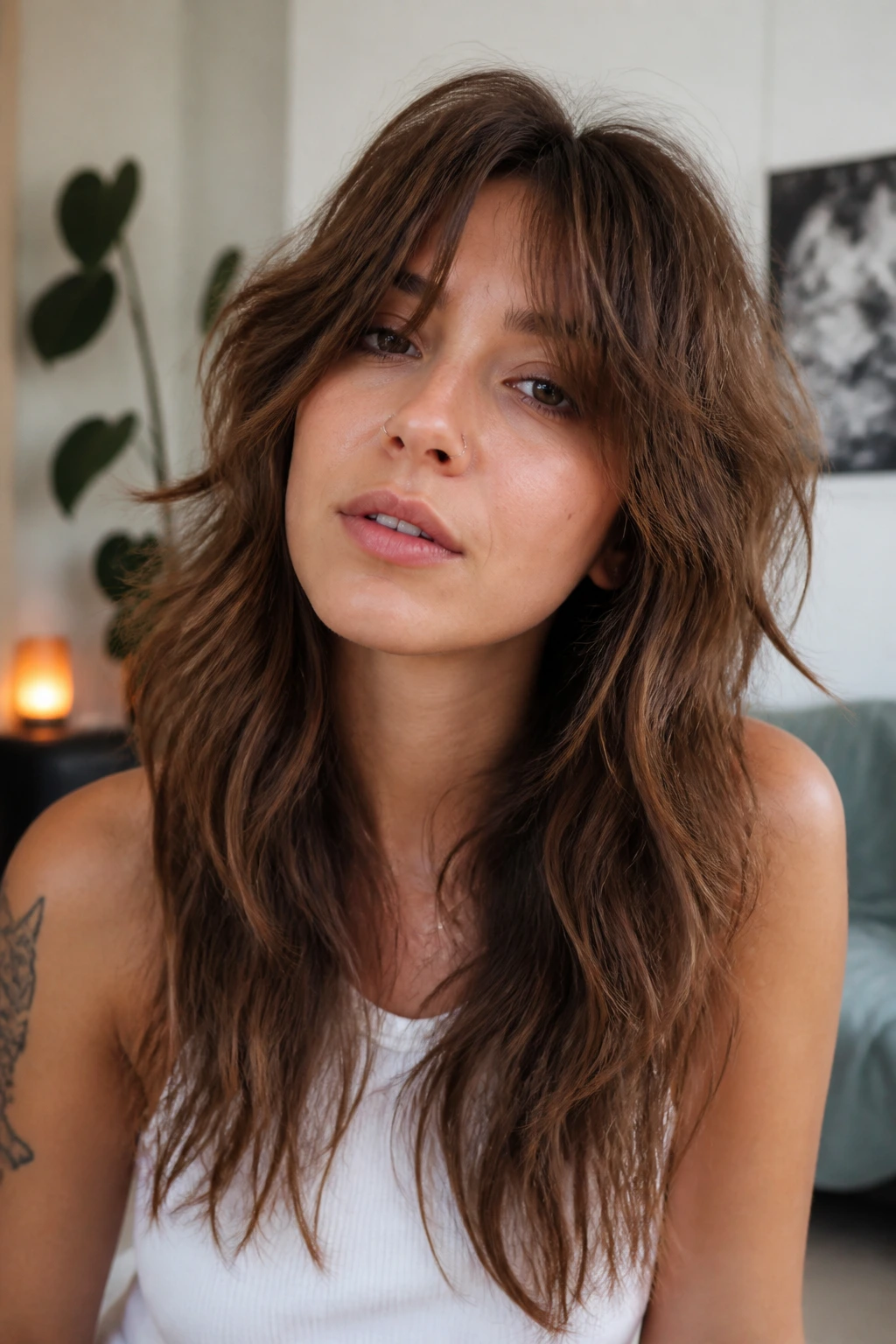 Portrait of a person with long, textured shaggy waves and visible layers