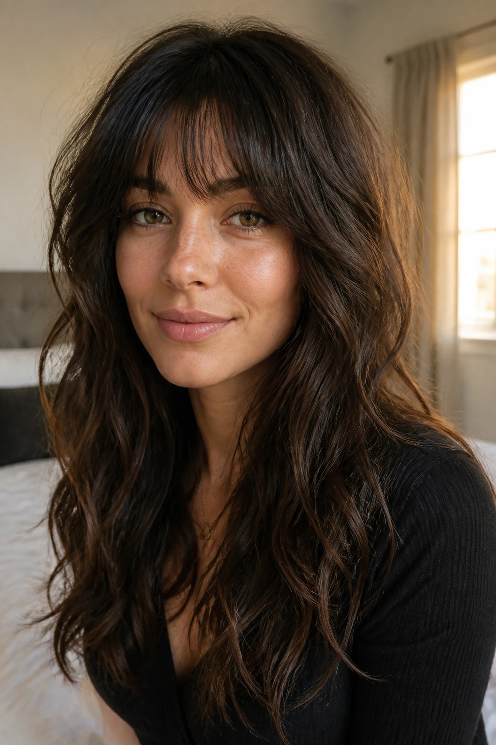 Close-up portrait of a real woman with long shaggy wavy hair showing texture in warm bedroom light