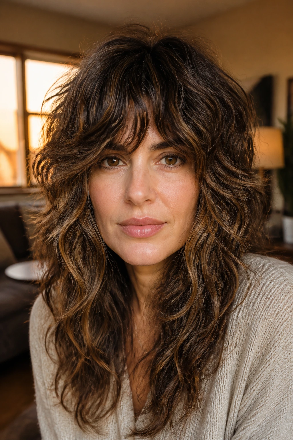 Close-up portrait of a real woman with a long shag haircut for wavy hair, showcasing the shape around the crown