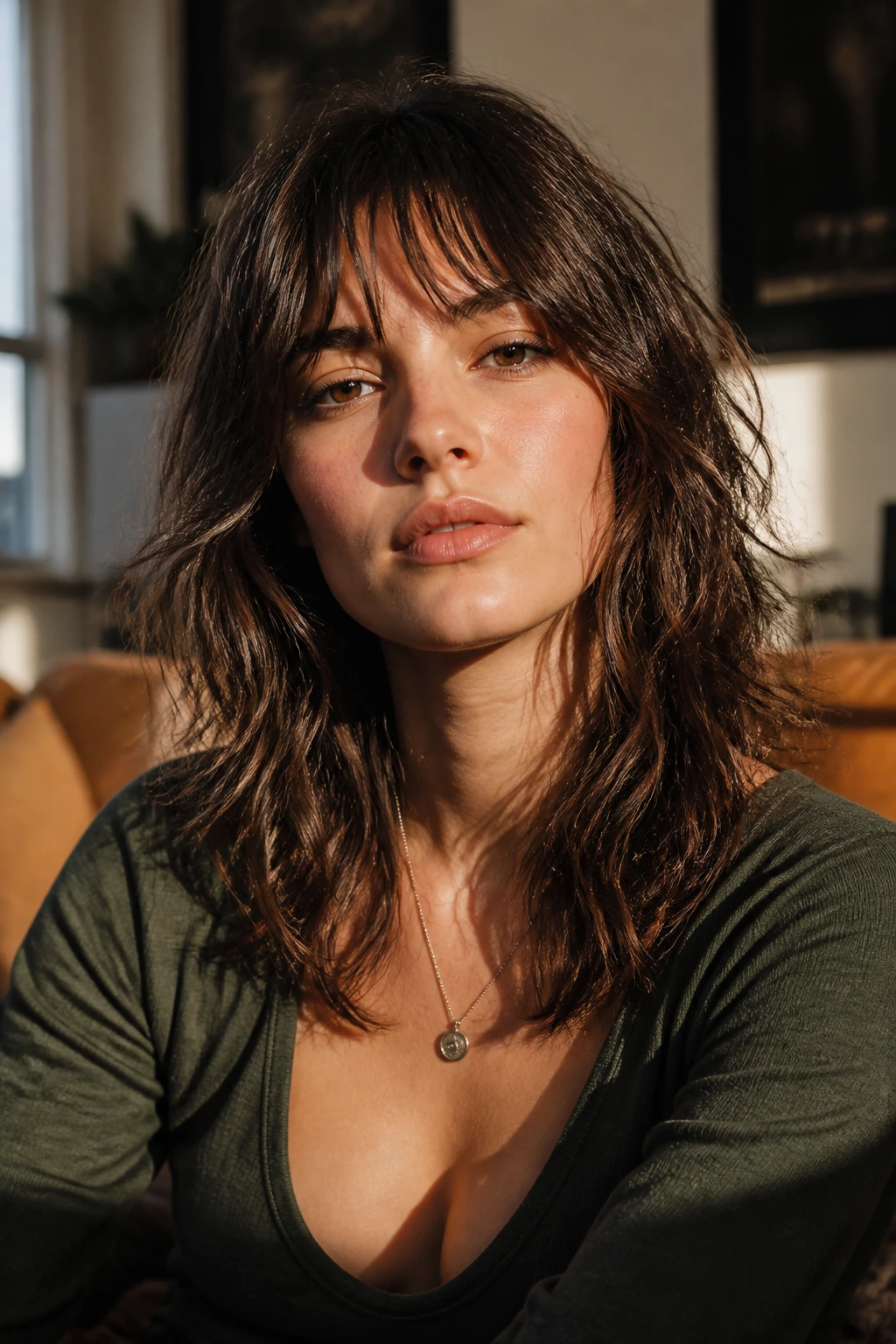 Close-up of a real person with a long shag and wispy fringe.