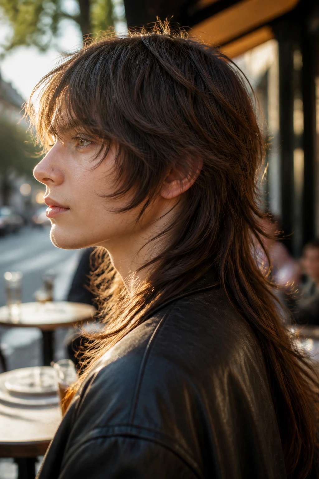 Close-up portrait of a real person with a long shaggy mullet on straight hair in an urban setting during golden hour