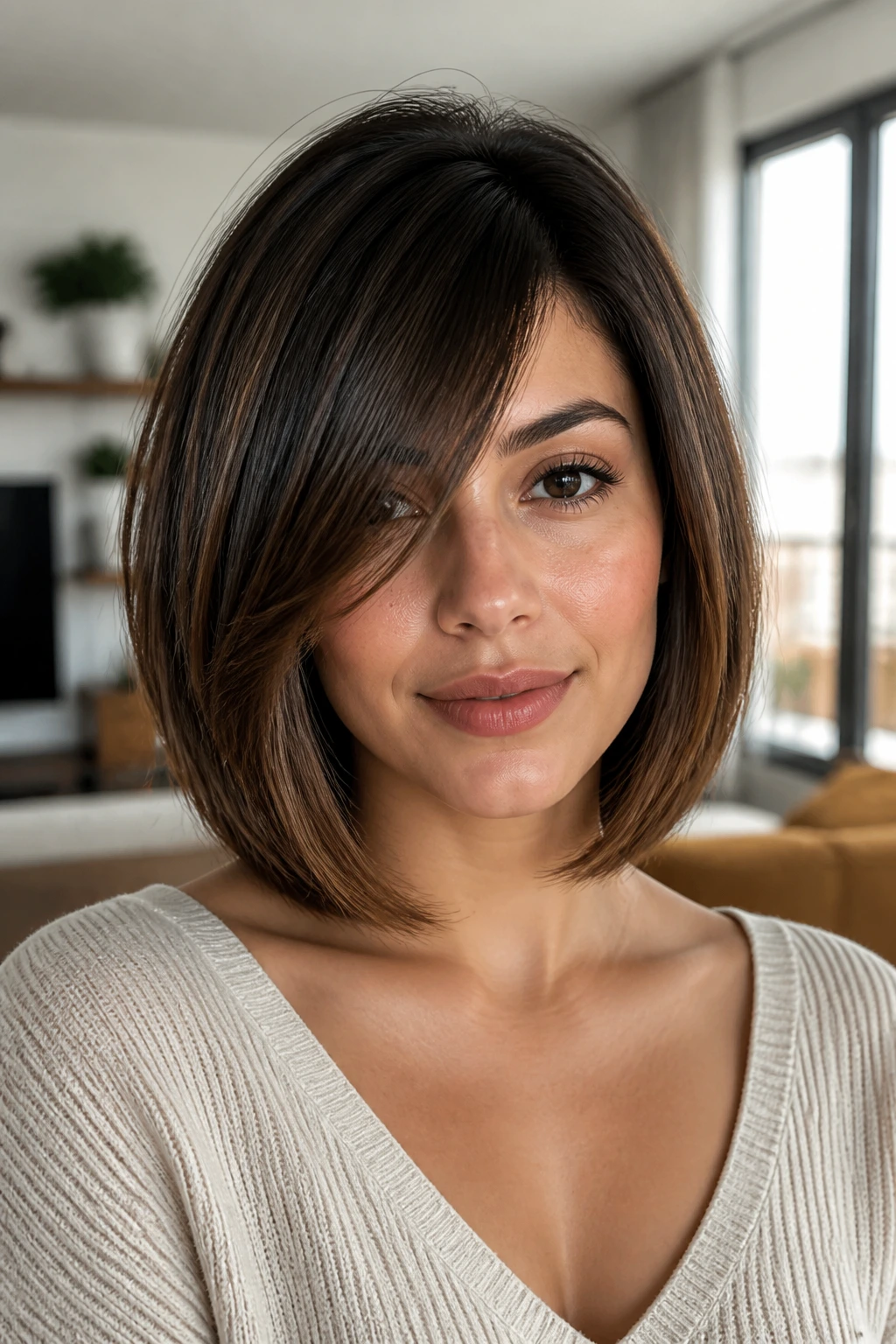 Real person with Long Side-Bang Bob hairstyle