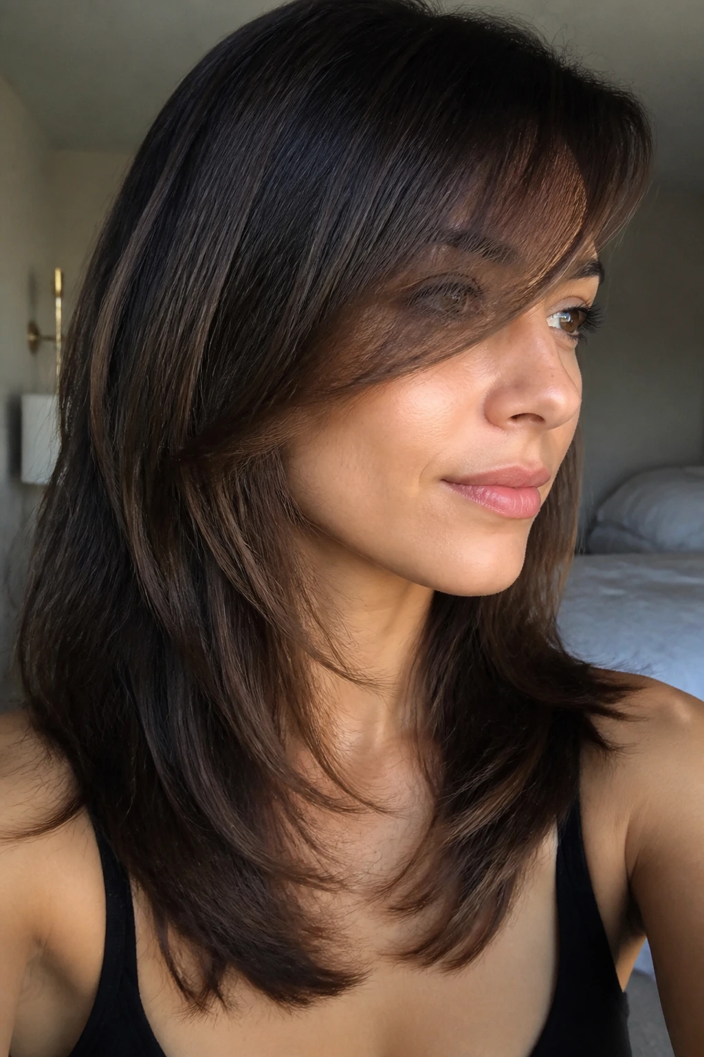 Woman with long side bangs blending into collarbone-length layers
