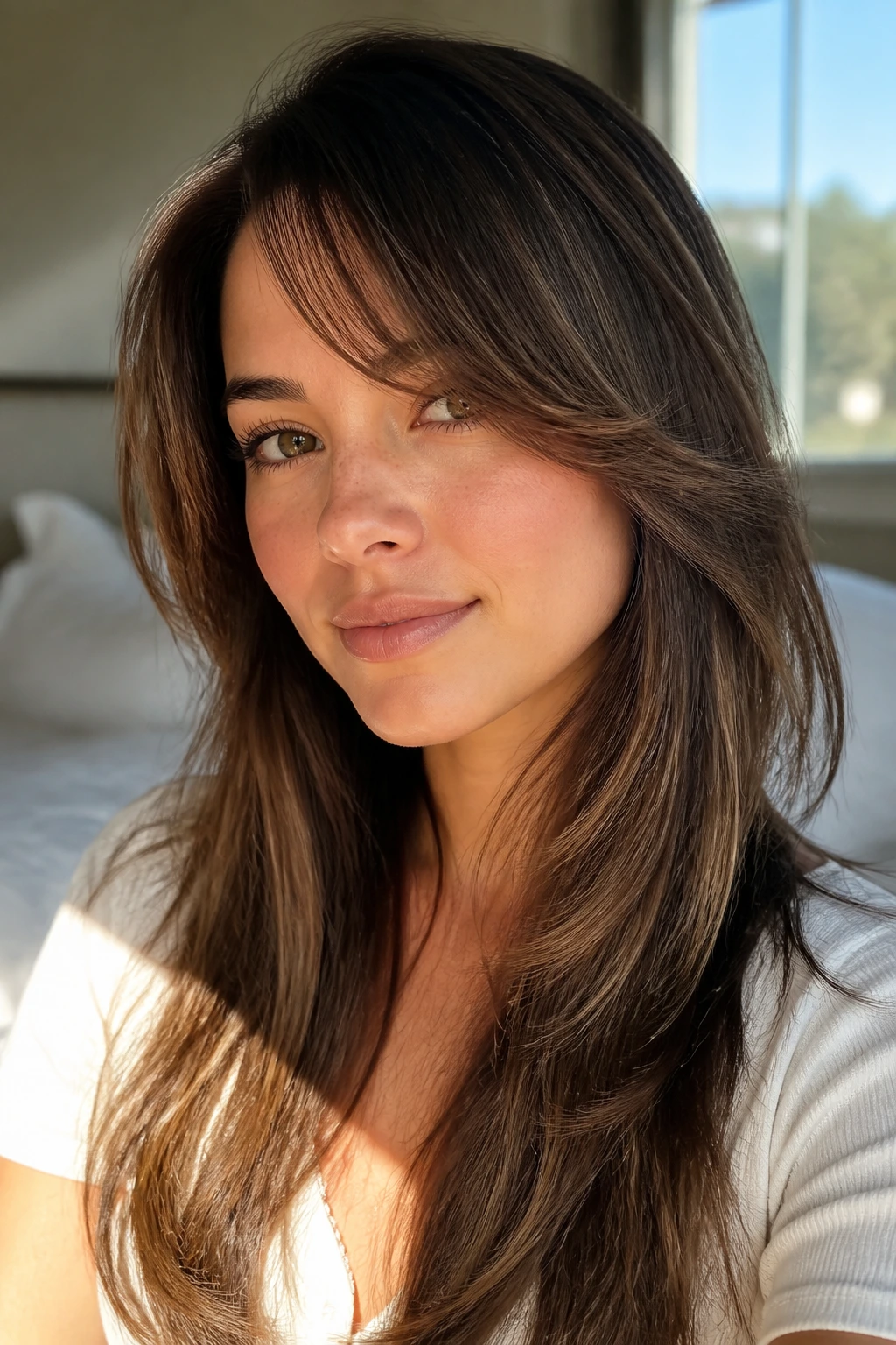 Close-up of long side bangs blending into face-framing layers in warm window light