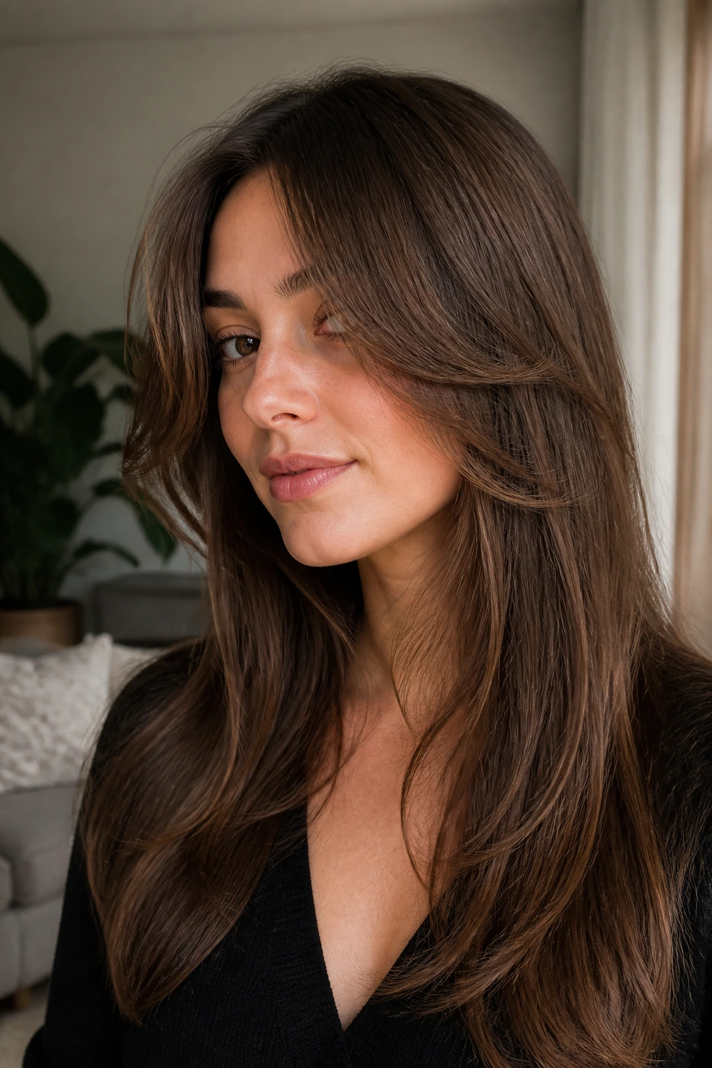 Close-up of a real woman with long side curtain pieces framing a heart-shaped face