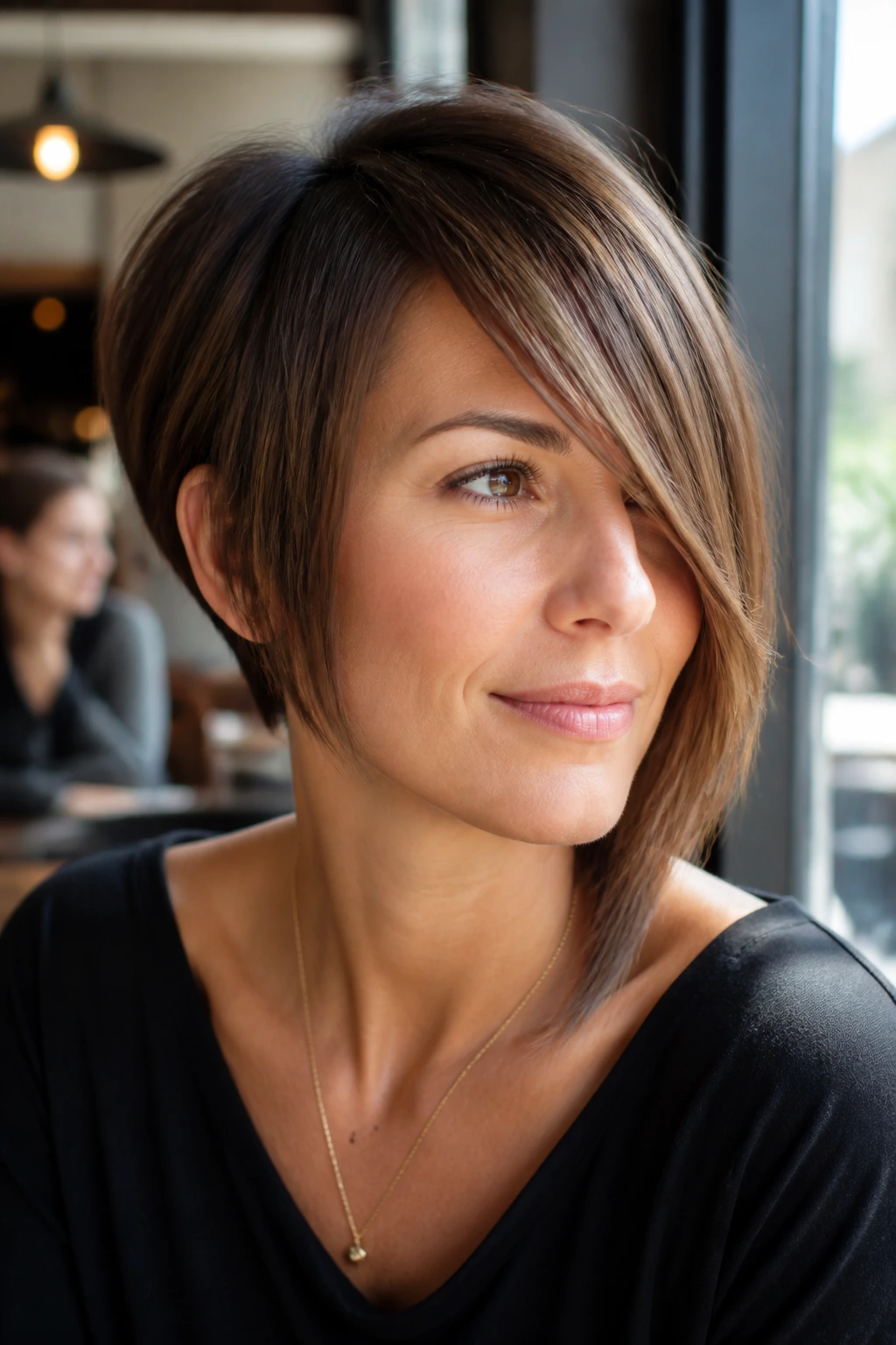 Close-up portrait of a real woman with a long side fringe in an asymmetrical bob