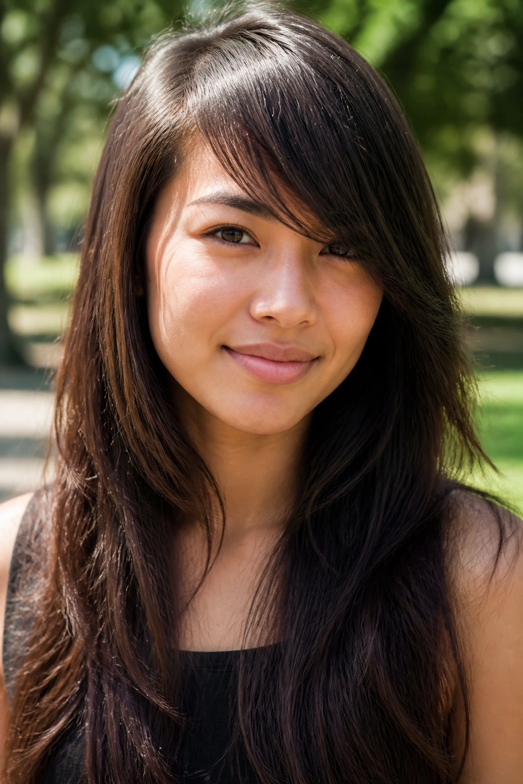 Close-up portrait of a real woman with a long side fringe and layered hair.