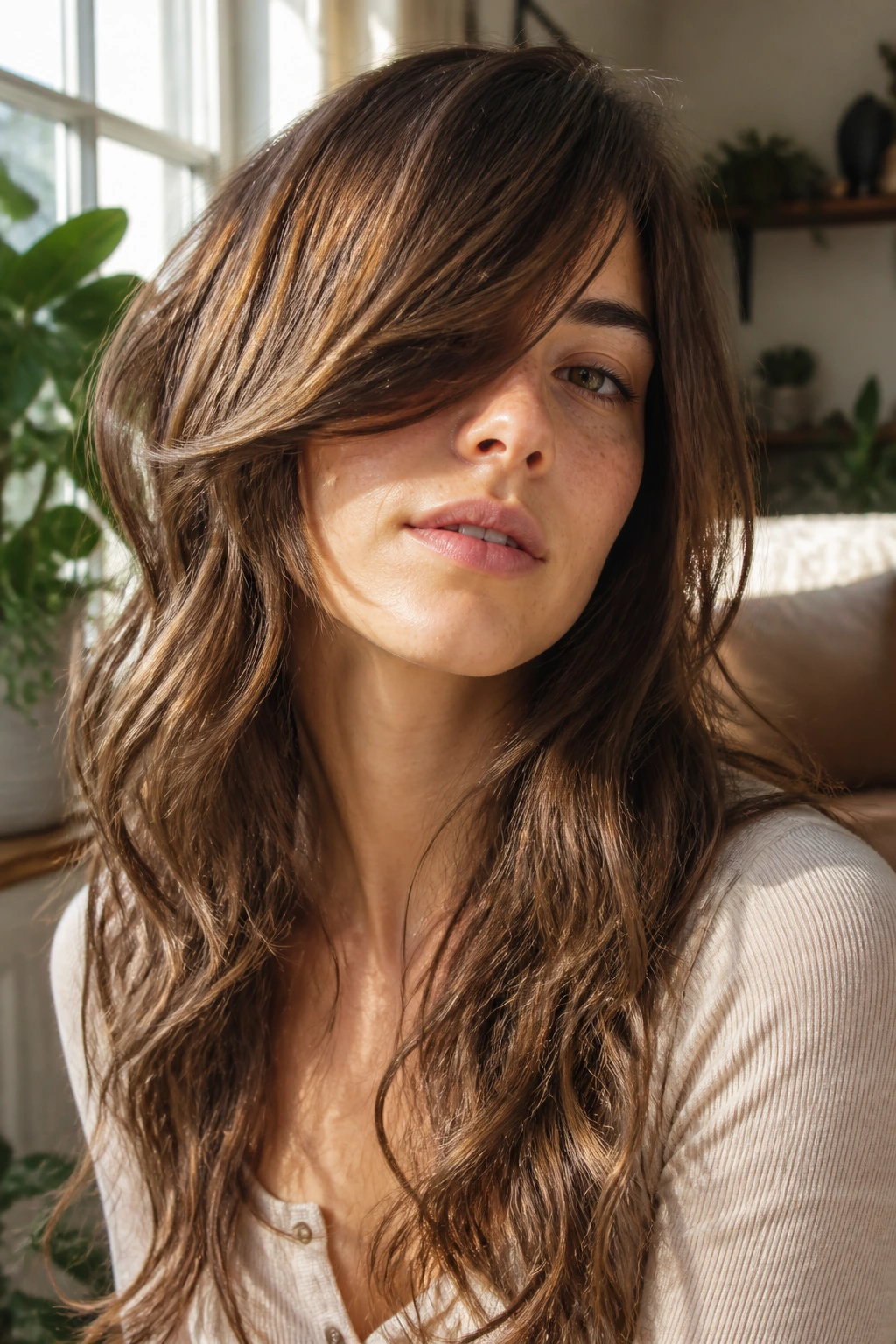 Real person with long side fringe wolf haircut showing diagonal fringe line