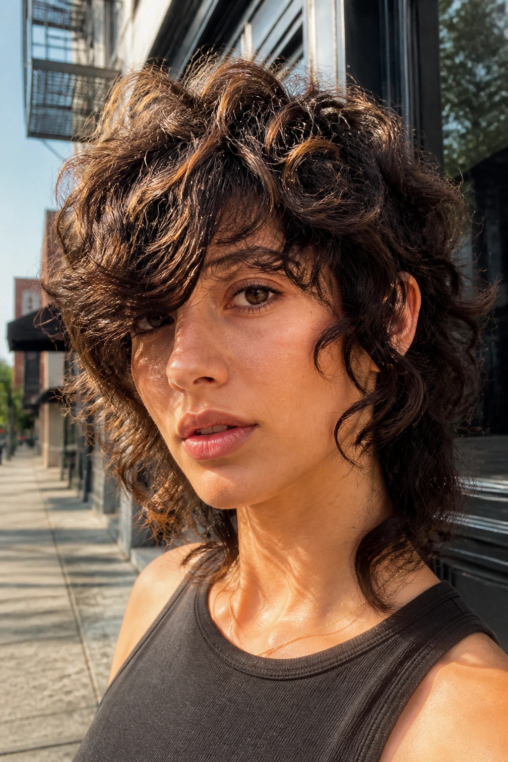 Real person with long side fringe wolf shag hairstyle in outdoor urban light
