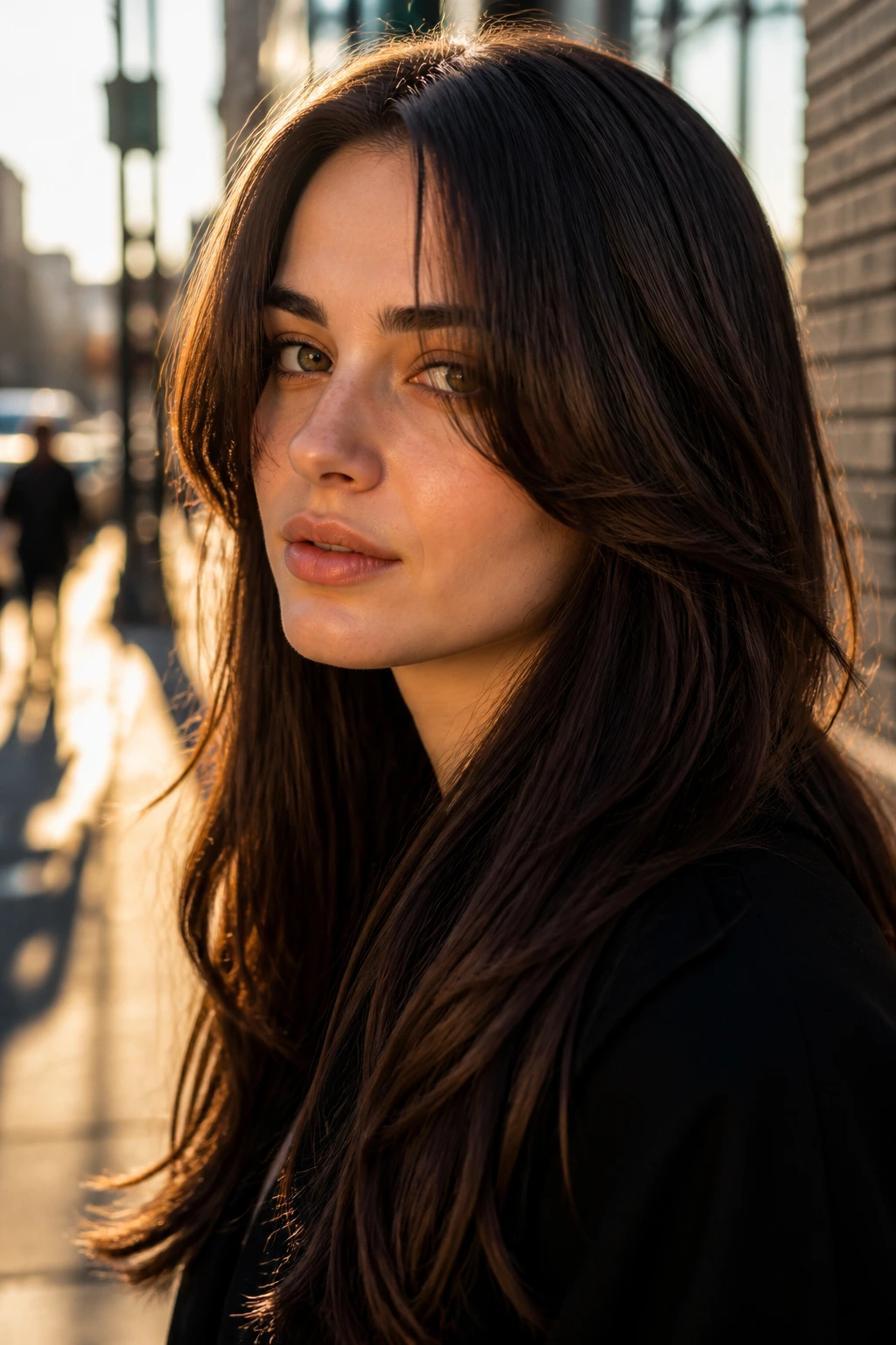 Close-up of a real woman with long side-panel bangs on an urban street at golden hour