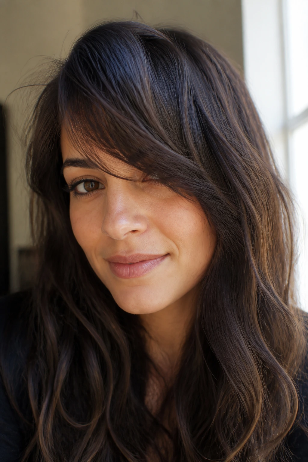 Close-up of long side-swept choppy bangs on a real woman