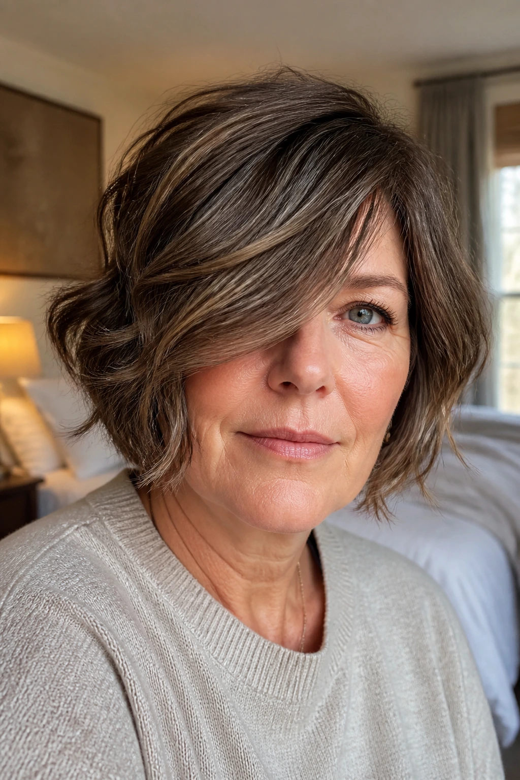 Close-up portrait of a real woman with a long side-swept fringe bob and thick waves