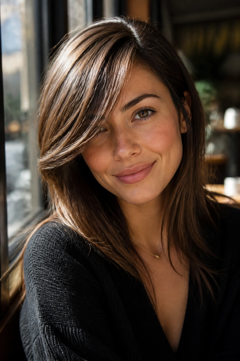 Close-up of a woman with a long side-swept fringe across the forehead