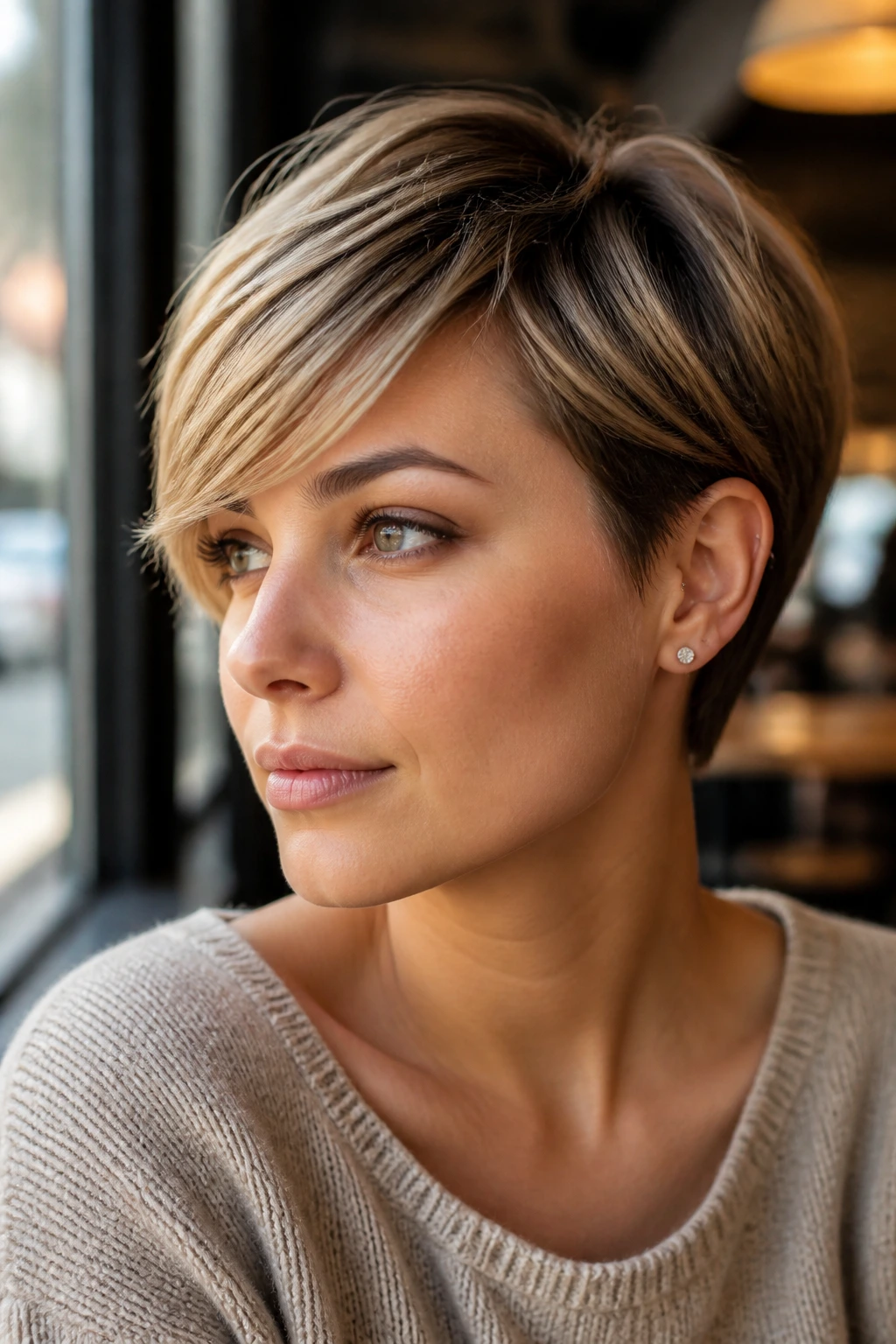 Close-up portrait of a woman with a long side-swept pixie and soft taper
