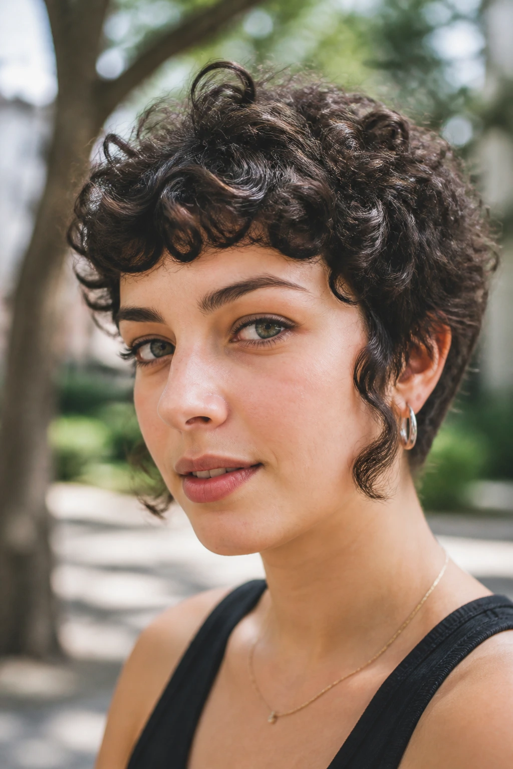 Close-up of real person with long sideburn curly crop in daylight park setting