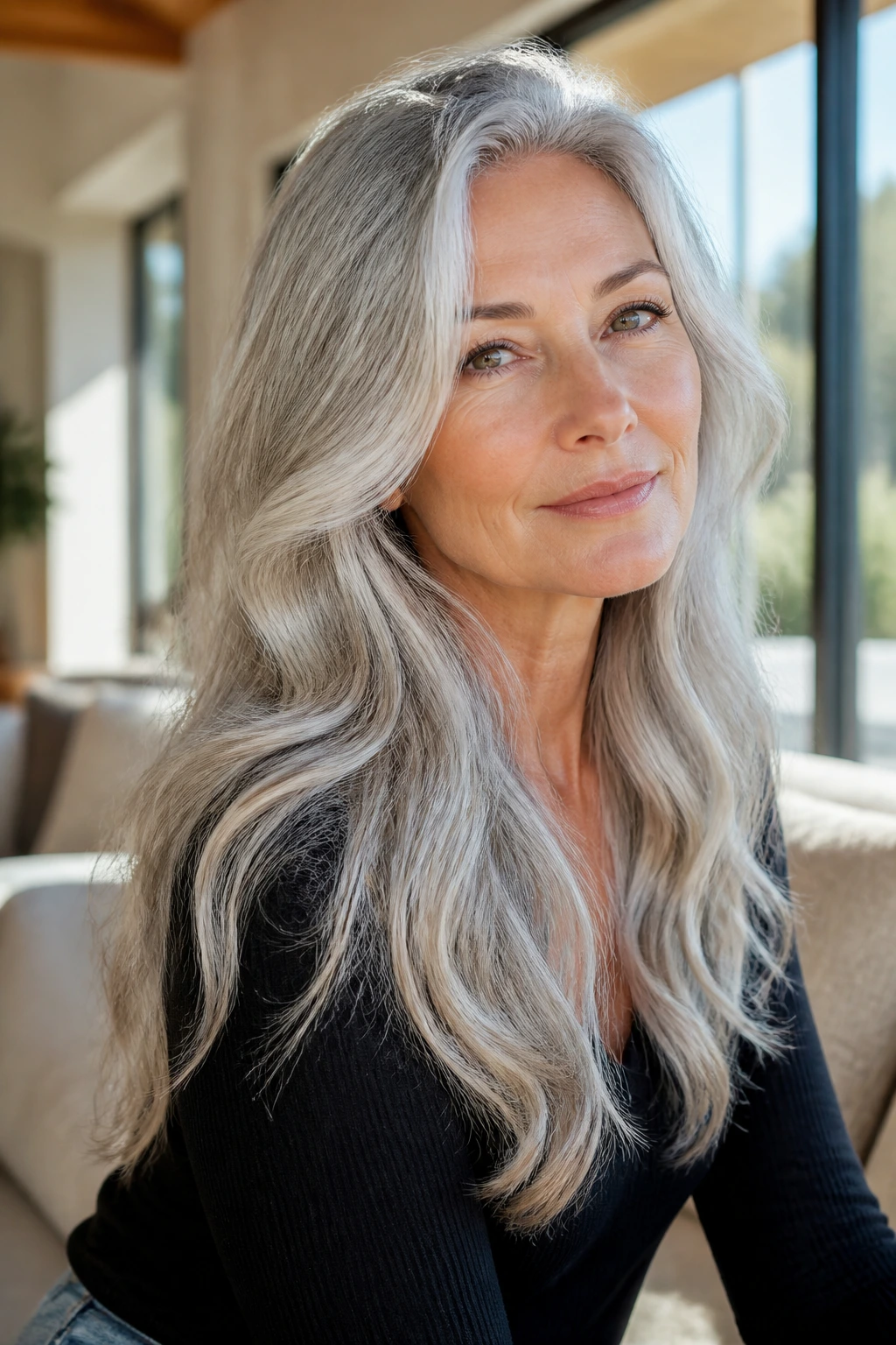 Medium close-up of a real woman with long silver layered hair in loose waves