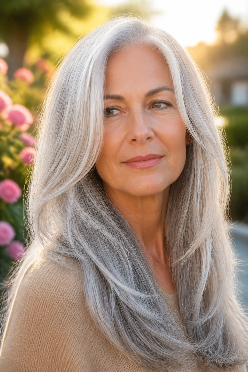 Close-up of a real woman with long silver-gray hair layered for movement.