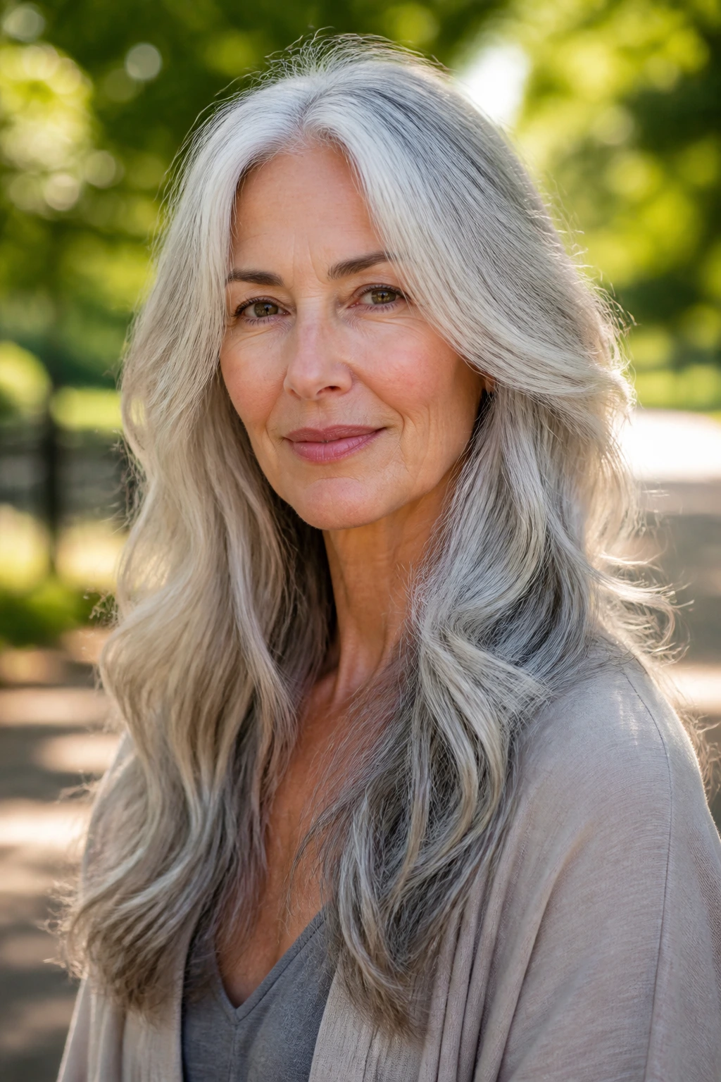 Portrait of a woman with long silver layered hair and soft waves in a sunlit park.