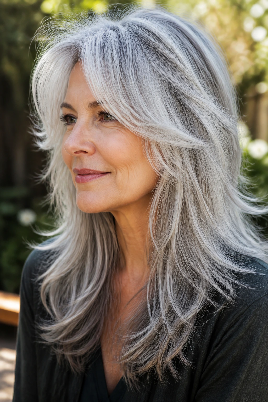 Real woman with long silver shag and cheekbone layers