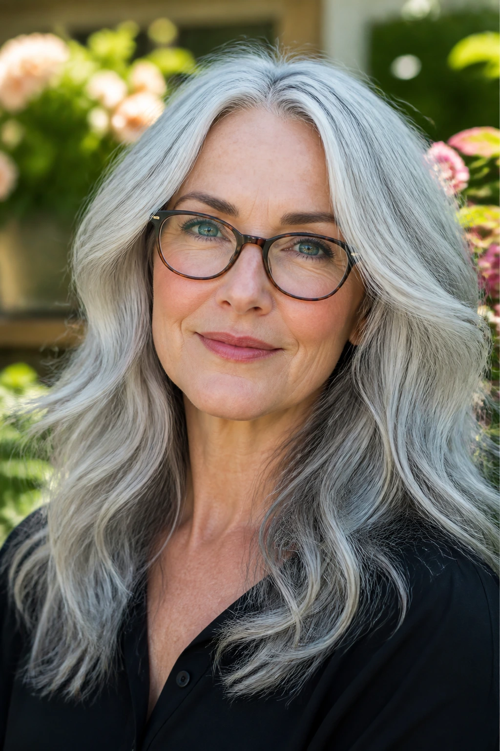 Close-up portrait of a real woman with long silver waves framing the face