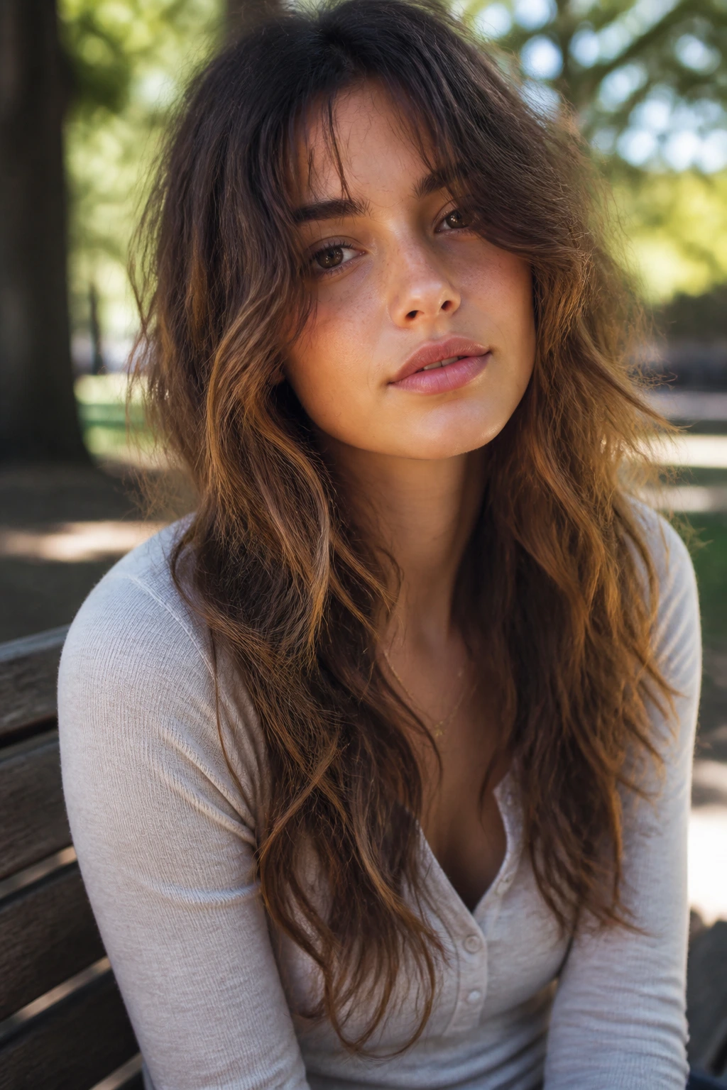 Close-up portrait of a real person with long soft wolf cut and airy layers