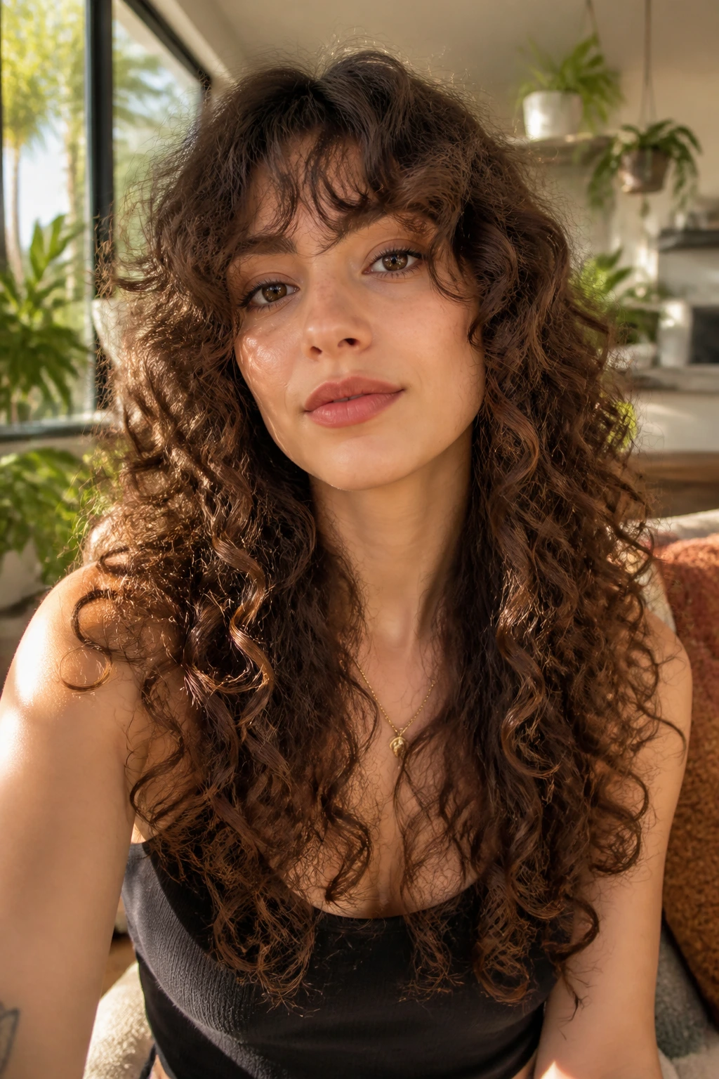 Close-up of a woman with long spiral curls and bottleneck bangs