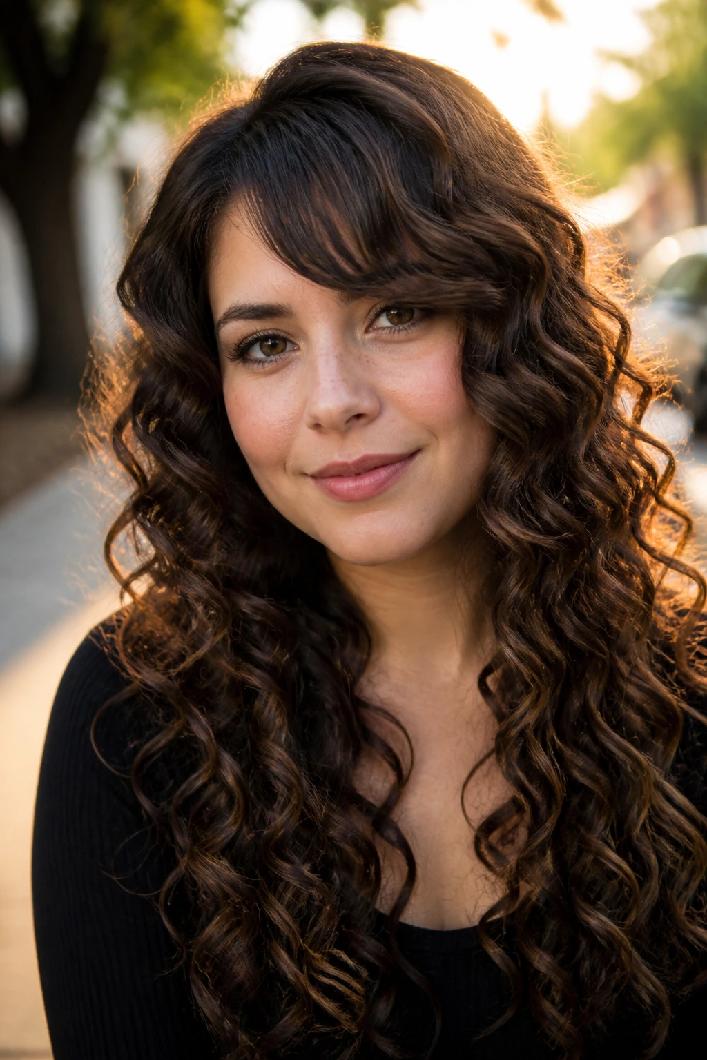 Close-up of a woman with long spiral curls and diagonal bangs outdoors at golden hour