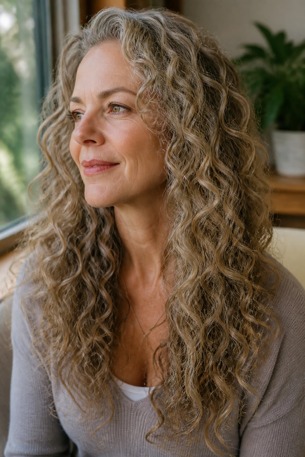 Real woman with long spiral curls and subtle invisible layers