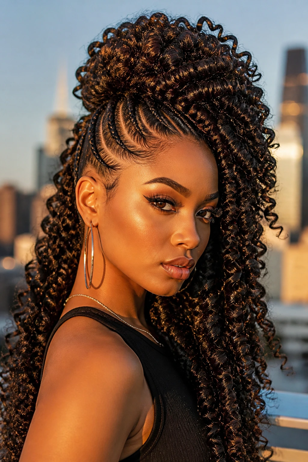 Close-up portrait of a real Black woman with long spiral mohawk.