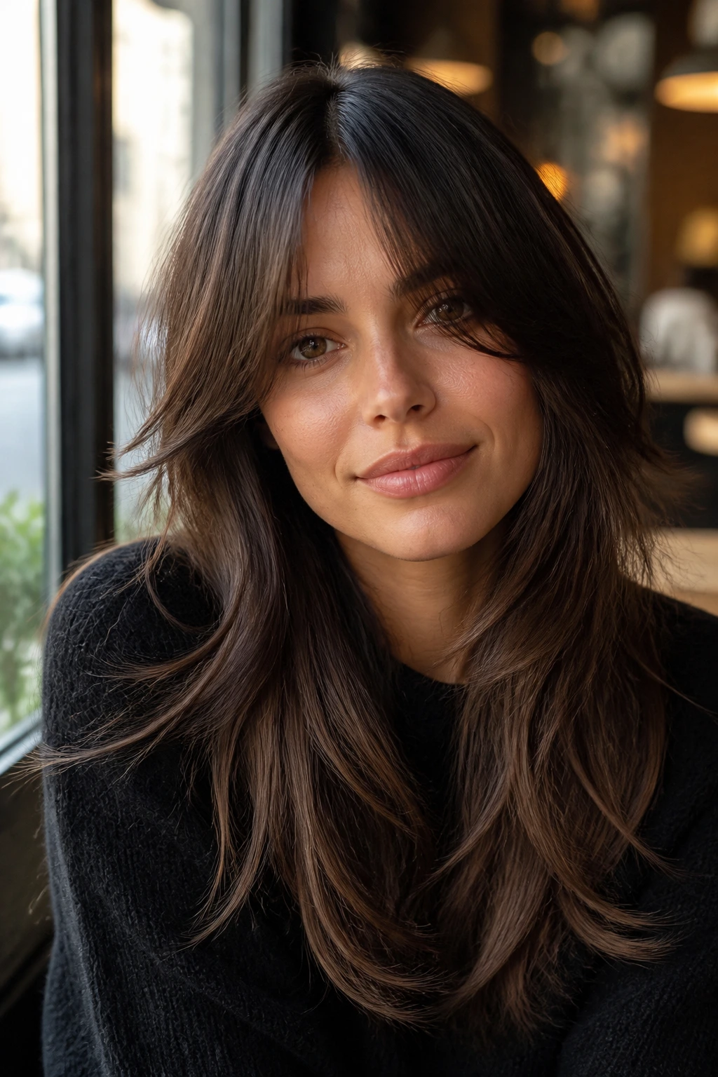 Close-up portrait of a woman with long split fringe and layered sides