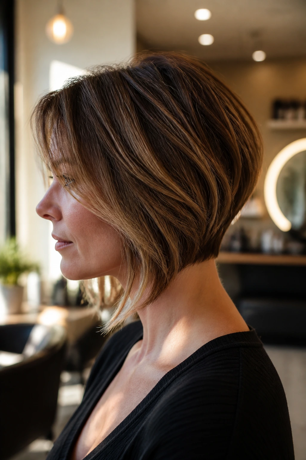 Profile view of long stacked bob with soft front on a real person