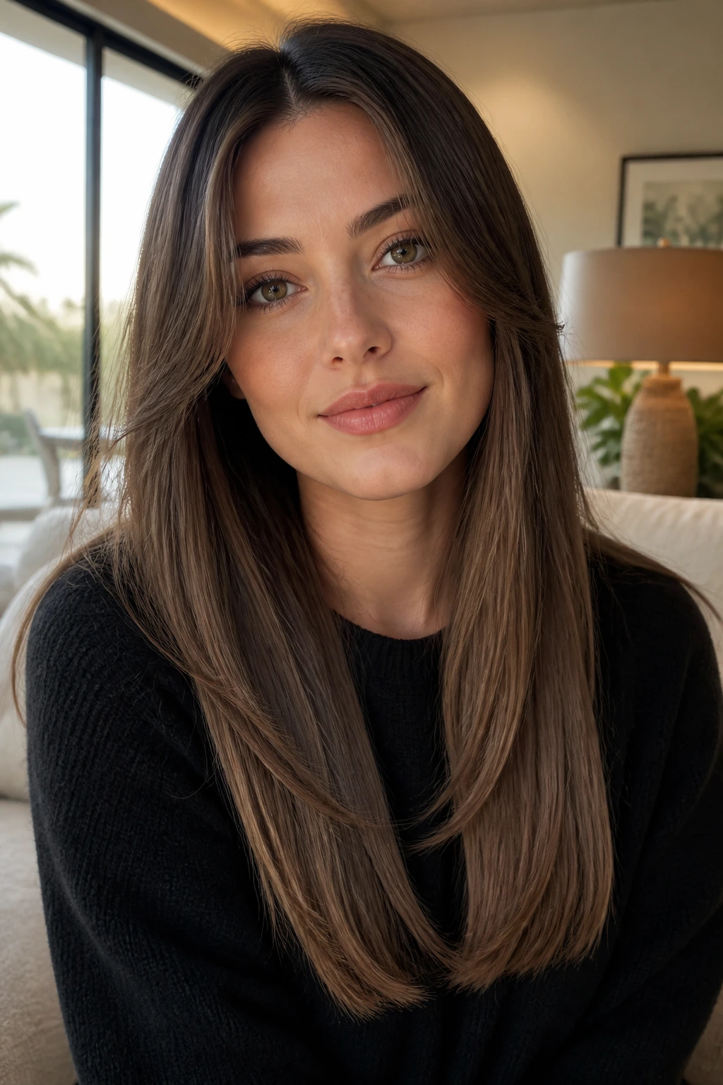 Close-up portrait of a real woman with heart-face-friendly long straight cut and chin-length layers