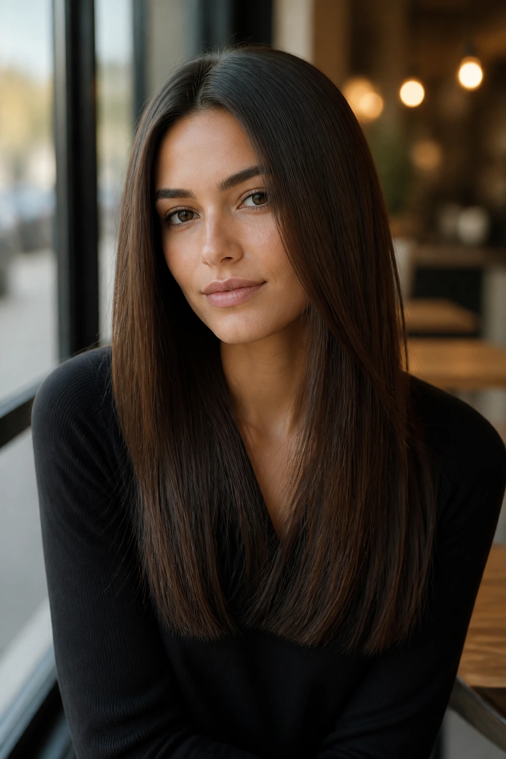 Close-up portrait of a real woman with a long straight cut suitable for an oval face