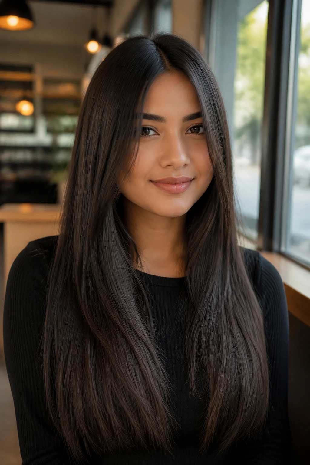 Close-up portrait of a real woman with a long straight cut and center part flattering a round face