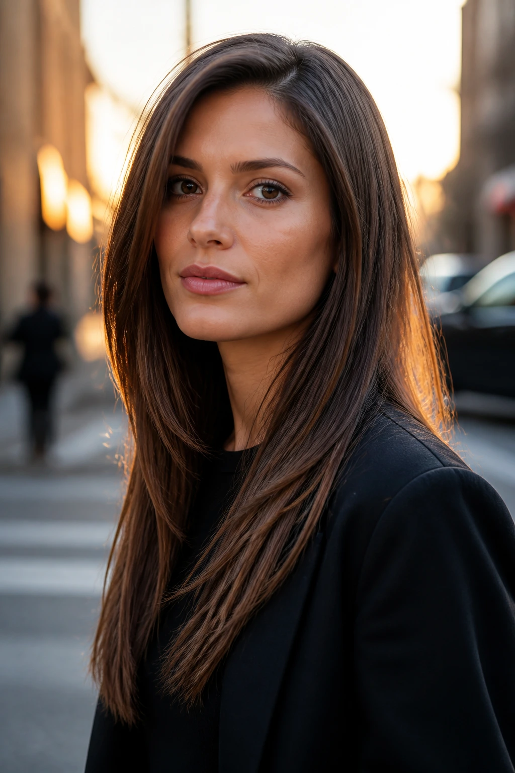 Close-up portrait of a real woman with long straight cut and soft lower-face layers softening a square jaw