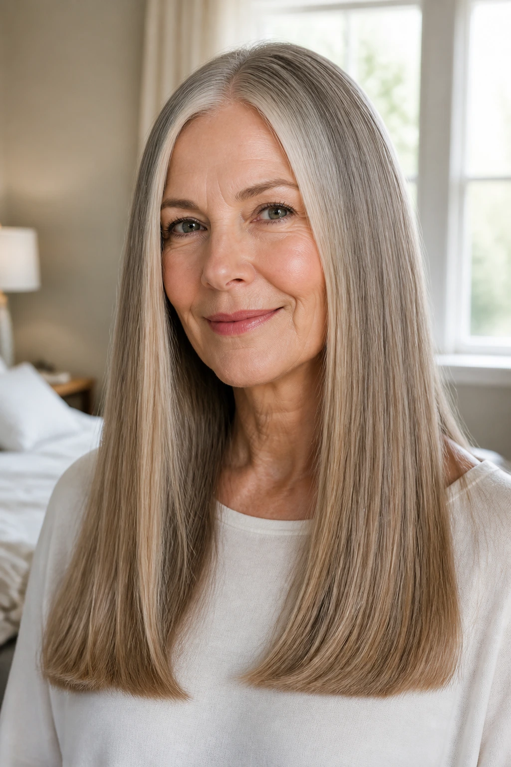 Close-up portrait of a real woman with long straight hair and a crisp hemline in natural light
