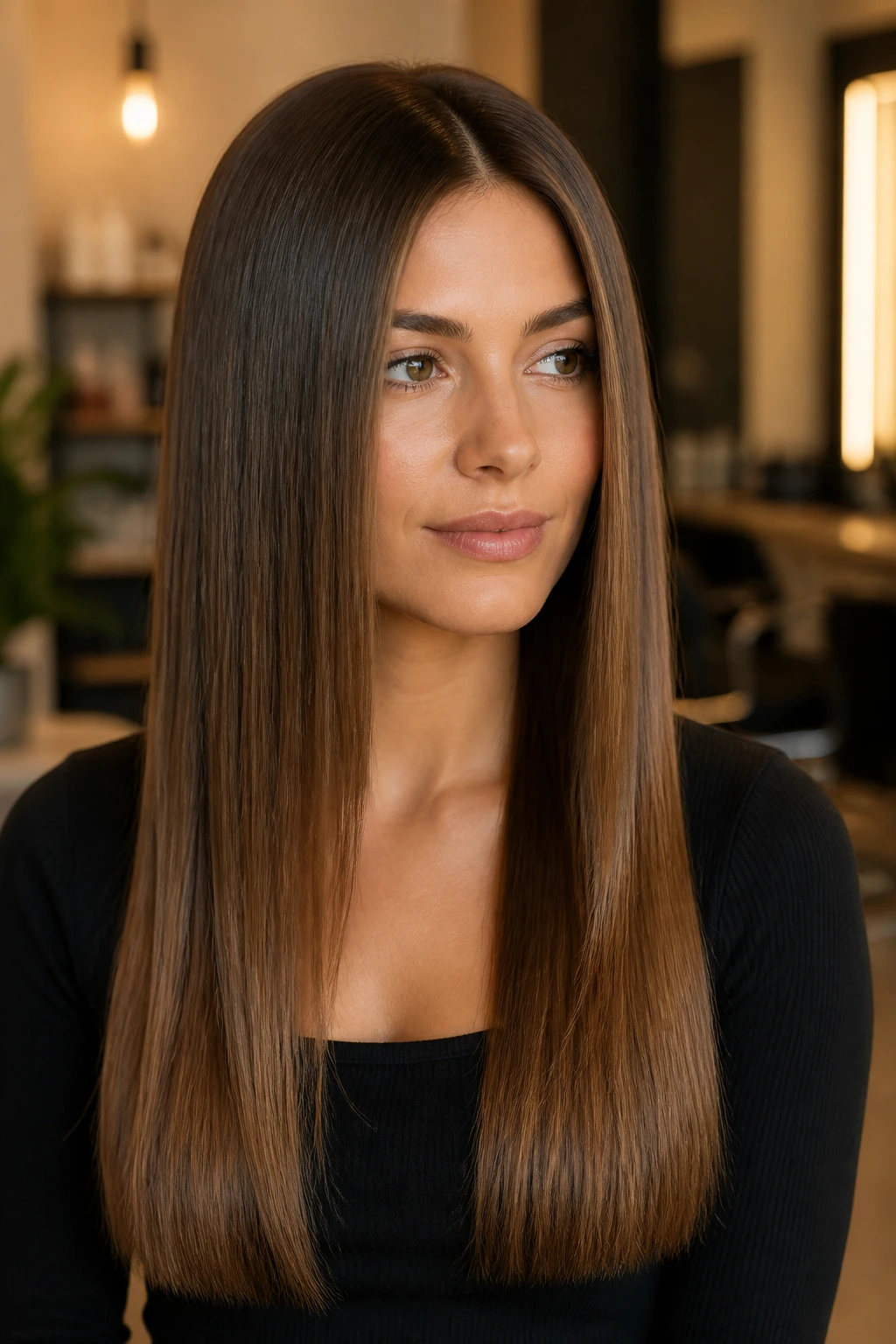 Long straight hair with crisp part and smooth finish