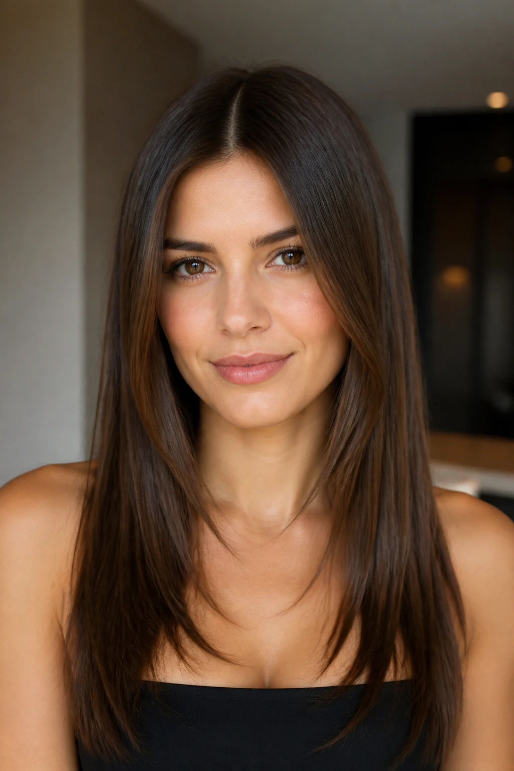 Real woman with long straight hair showing internal layers.