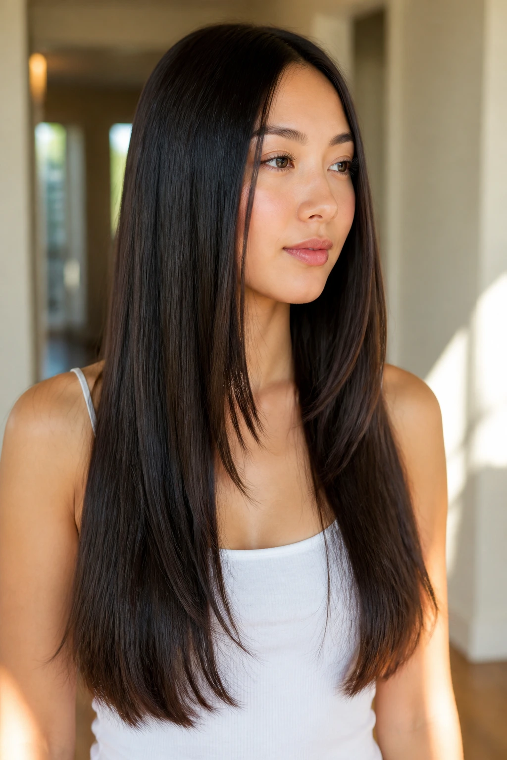 Real woman with long straight hair featuring invisible layers starting below the chin