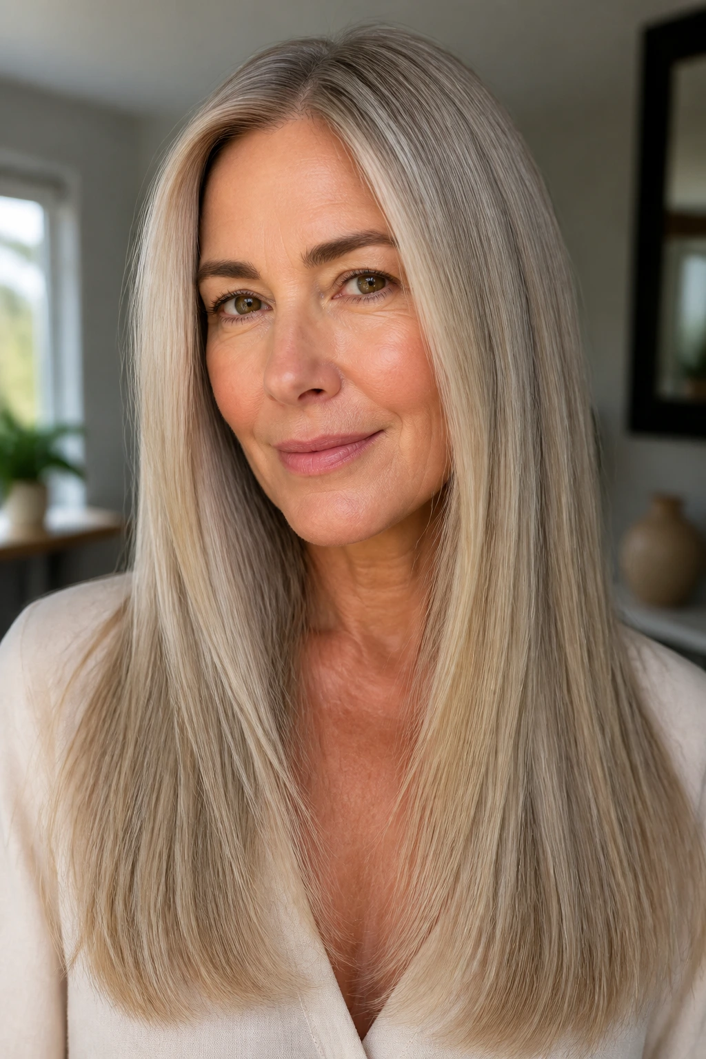 Close-up portrait of a woman with a shaped long straight hairstyle in a bright home setting