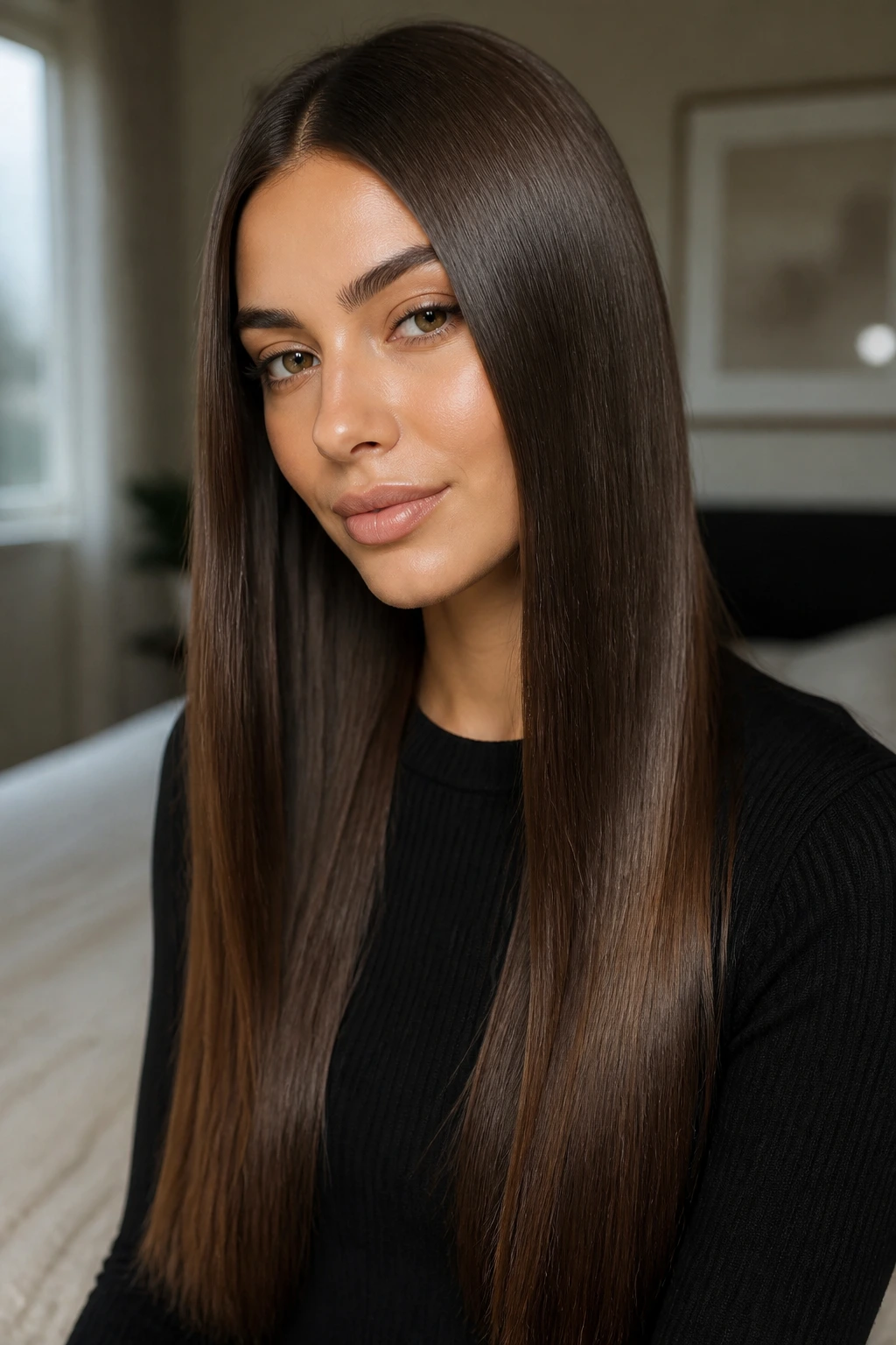 Close-up of a real woman with long straight hair showing a sharp line and glossy finish in natural light
