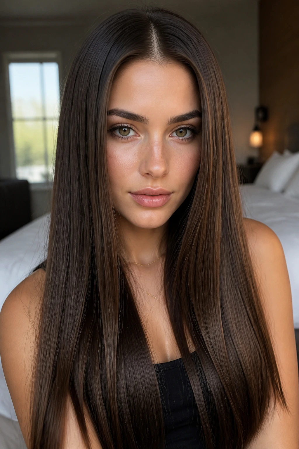Close-up portrait of a woman with long, straight, silky hair and a centered part
