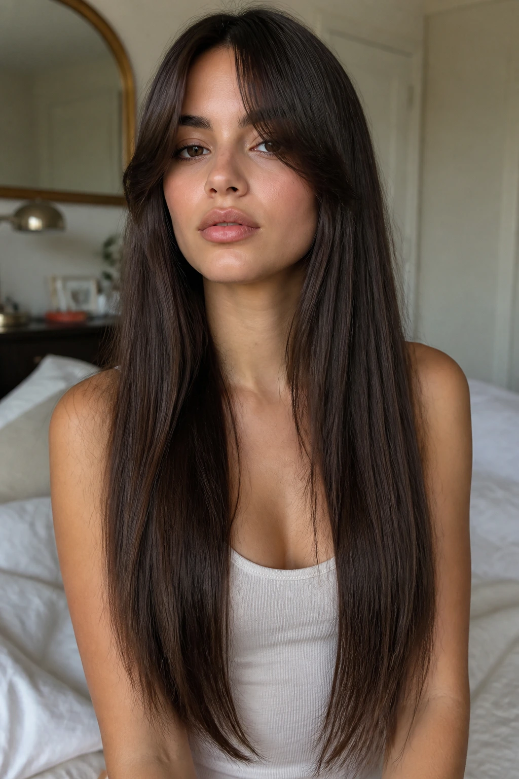 Portrait of a woman with long straight layers past the chest and curtain bangs