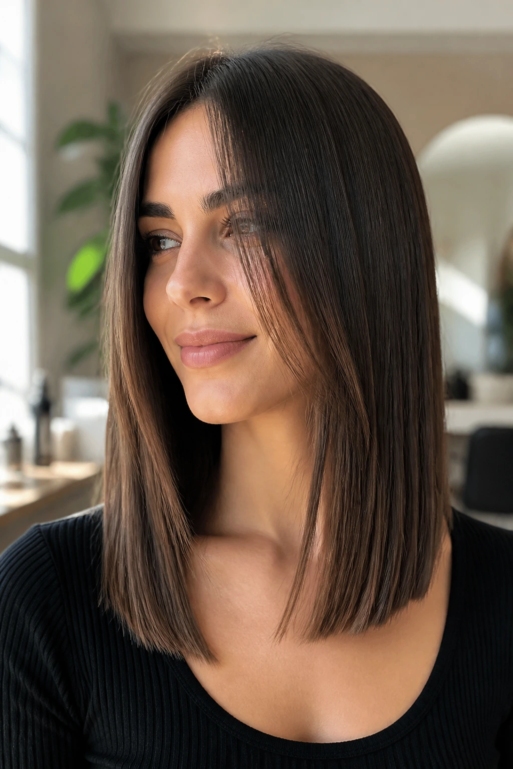 Close-up portrait of a real woman with a long straight lob showing a clean perimeter and face-framing pieces