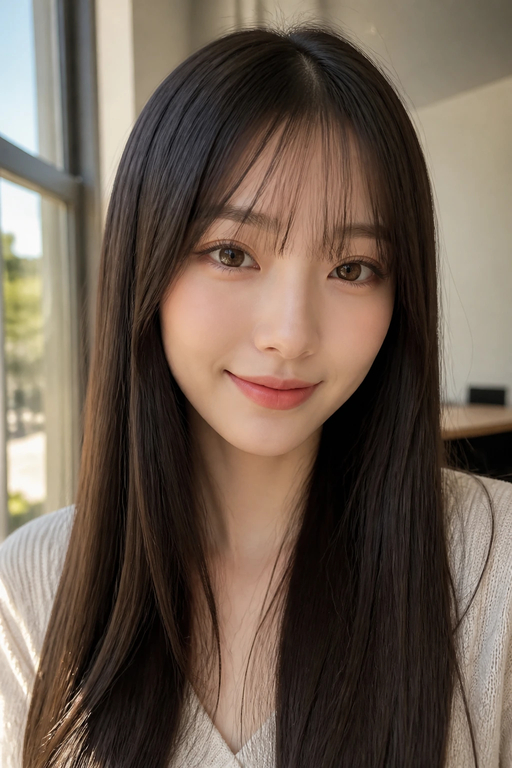 Portrait of a woman with long straight hair and see-through bangs